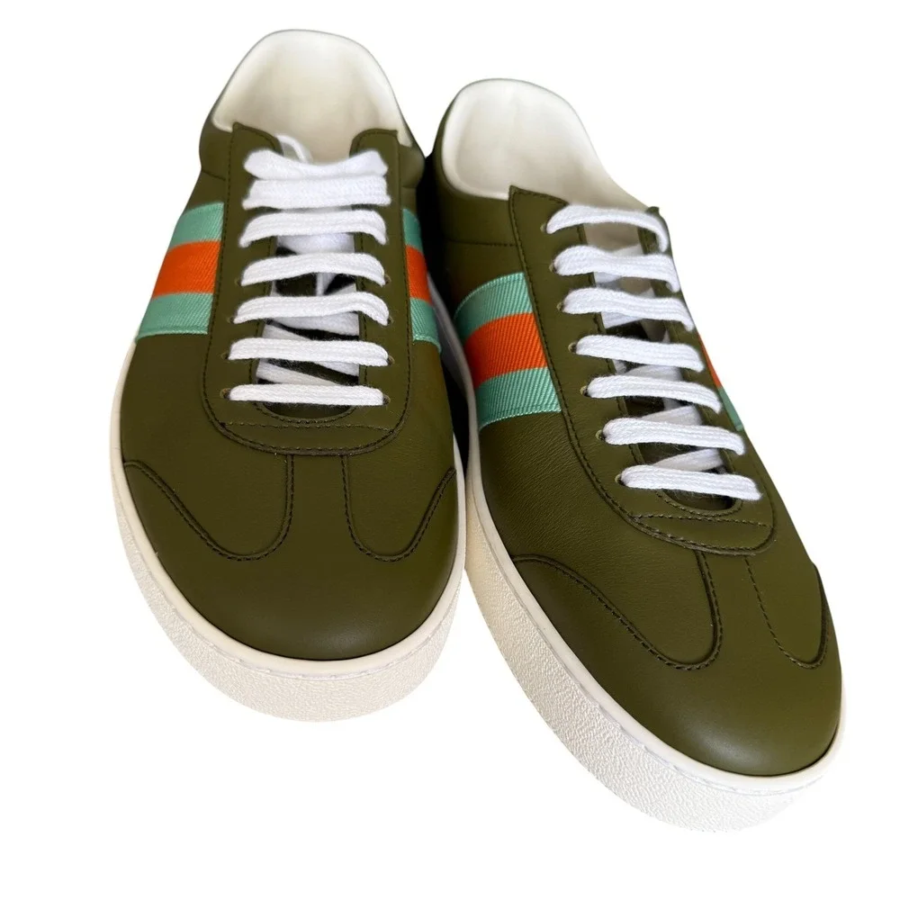 Gucci G74 Leather Sneakers Olive Green Blue Orange Web Stripe 858981 Mens UK 9.5